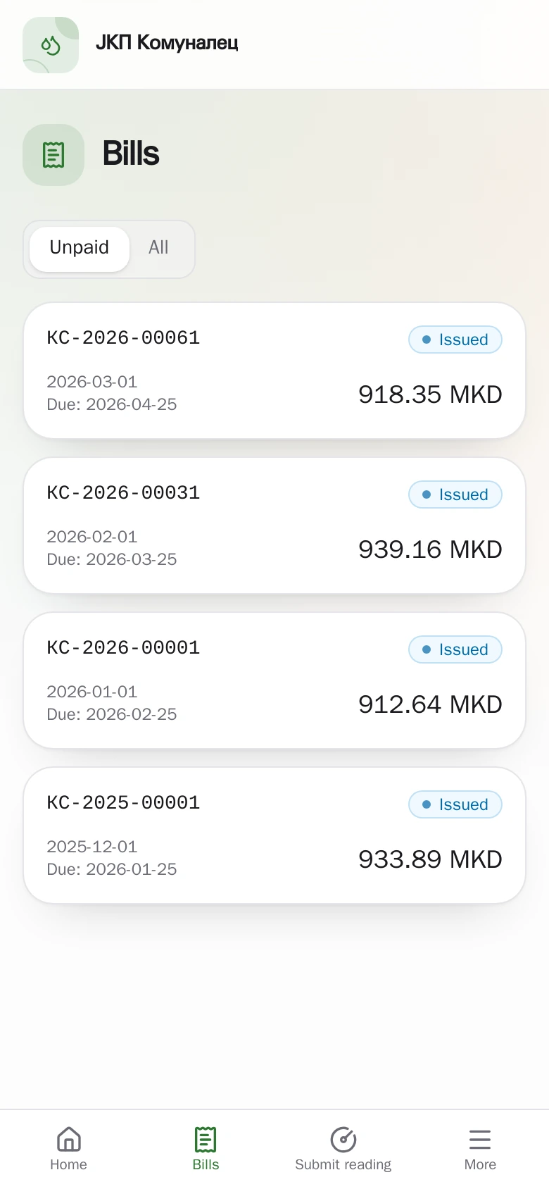 Utility bills for customers